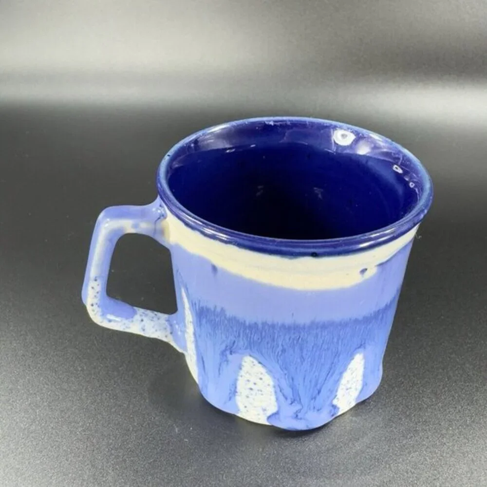 Vintage 1980s Blue Drip‎ Glaze Pottery Coffee Mug Cup Set 2 Hand Made Stoneware